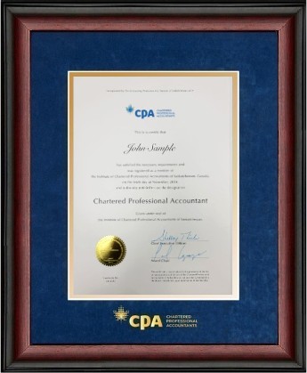 Satin mahogany wood frame with blue velvet and gold double mat board (with CPA logo) for VERTICAL 10x13.5 certificate.